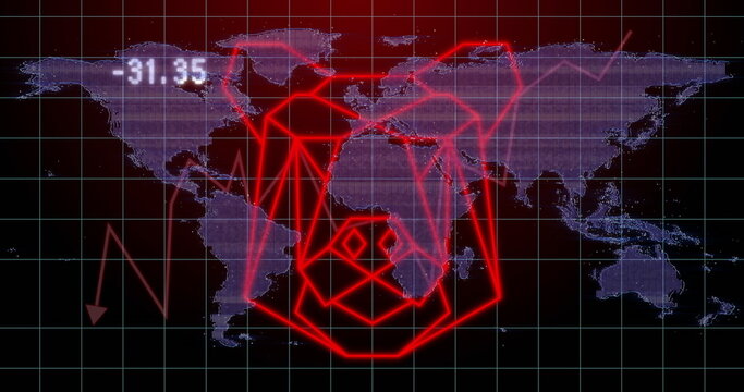 Displaying red neon skull overlay covering dark tactical HUD, with purple dotted map and waveform