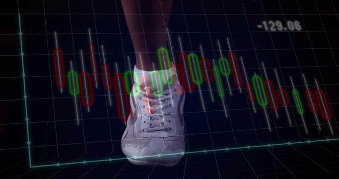 Standing sneakered foot with white sock and dark pants on studio grid, showing candlestick -129