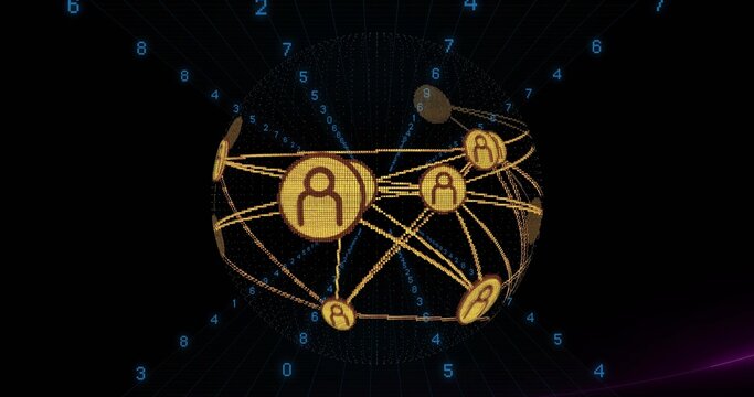 Rotating dotted sphere showing gold node badges and arcs in abstract digital space with blue digits