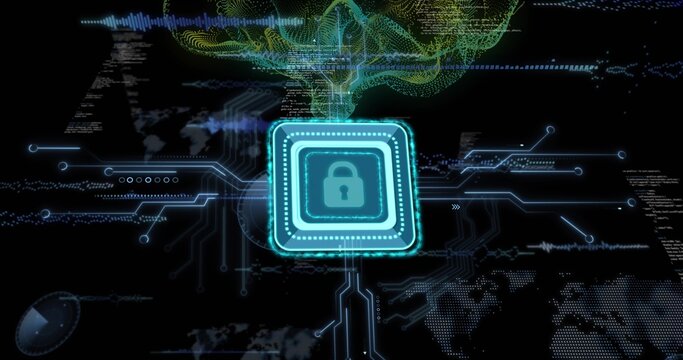 Pulsing cyan chip showing padlock in virtual network, sending circuits, green mesh, map dots, gauge