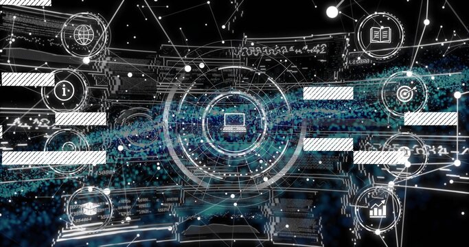 Displaying central concentric HUD rotating in cyberspace, with laptop icon, cyan stream and badges