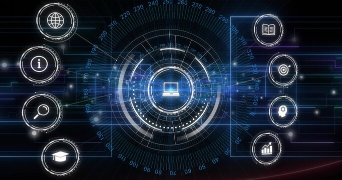 Projecting centered HUD showing degree ring and radial circuit lines on dashboard, with laptop icon