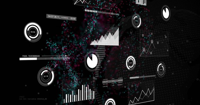 Streaming particles and HUD widgets moving on black background, with radial gauges and line charts
