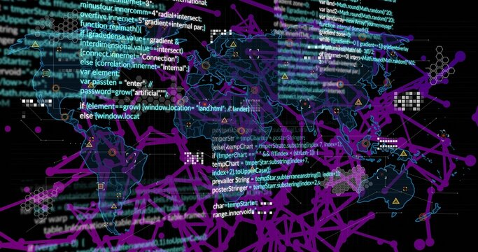Displaying translucent world map on dark grid, with cyan code, purple links, nodes, alerts