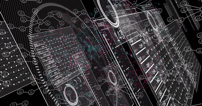 Displaying layered UI panels tilting in abstract virtual space, showing node icons and dials