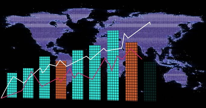 Displaying grid bars on dashboard, showing white arrow and magenta line over pixelated purple map