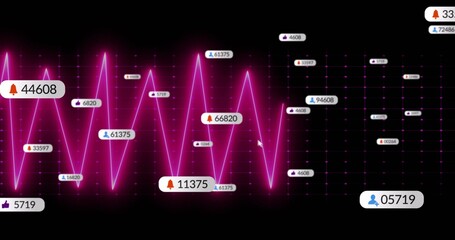 Obraz premium Displaying neon magenta waveform zigzagging across dark digital dashboard, with notification badges