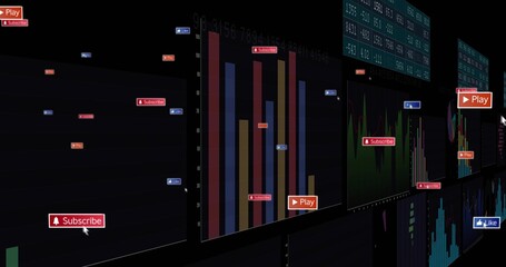 Showing central bright bar chart in dark UI, with Subscribe Play Like badges, cursor, numeric grid © vectorfusionart