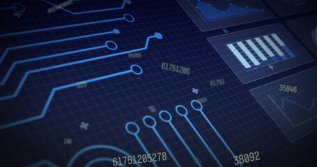 Rendering circuit UI graphic centered on screen, showing glowing traces, nodes, bar and line charts © vectorfusionart