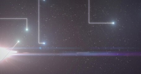 Fototapeta premium Emitting pink flare, left lens sending purple lines and glowing nodes across space, copy space