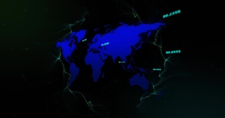 Displaying stylish deep blue world map glowing in virtual studio, with neon labels and filaments © vectorfusionart