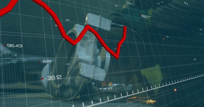 Displaying red jagged line graph cutting across factory numeric grid overlay, showing engine sparks