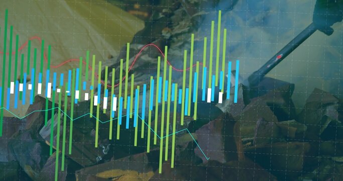Displaying bar candlestick chart merging with mining scene in studio graphic, with pickaxe and coal