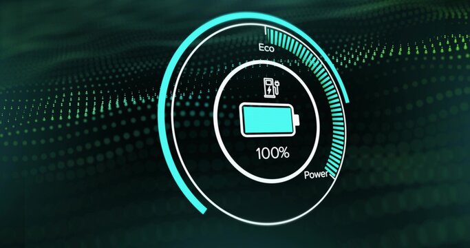 Showing circular battery gauge pulsing on HUD with segmented ring, 100% battery, Eco Power text