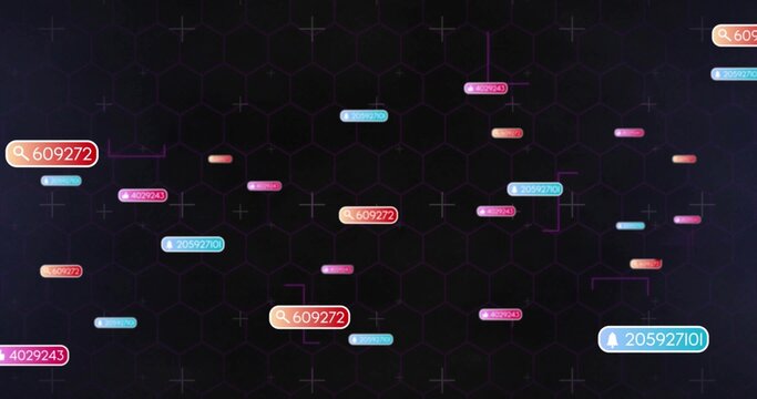 Displaying central orange-red label showing 609272 with search icon on dark hex grid, with tags