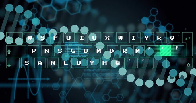 Displaying translucent pixel keyboard on virtual GUI showing turquoise helix and bright green key