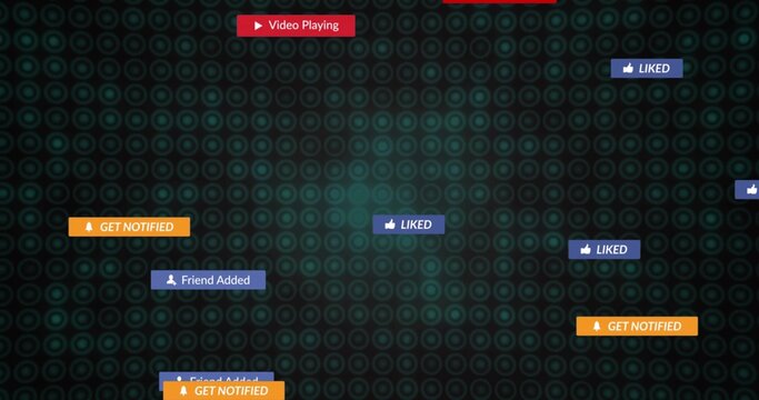 Floating alerts hovering over teal ringed UI, showing LIKED GET NOTIFIED Friend Added red play