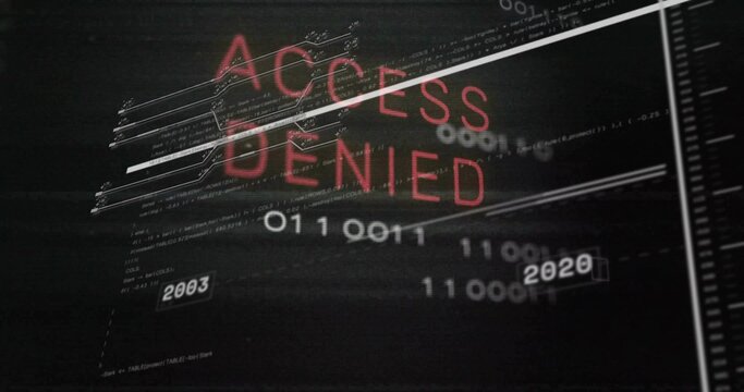 Displaying red ACCESS DENIED overlay across cyber terminal, showing binary stream, scanlines, ruler