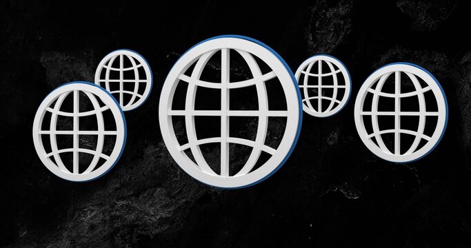 Floating five white 3D globe-grid icons centered on charcoal backdrop, showing blue rim shadows