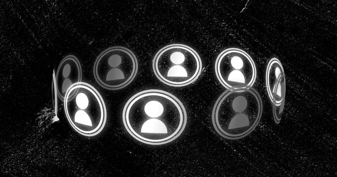 Hovering semicircular glowing user-avatar icons rotating above dark granular surface, showing halos
