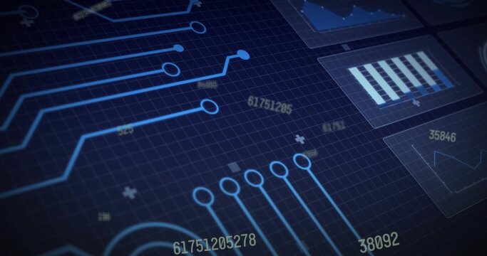 Rendering circuit UI graphic centered on screen, showing glowing traces, nodes, bar and line charts