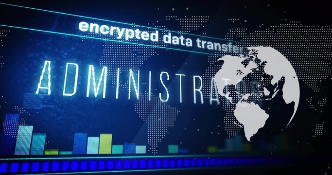 Displaying central ADMINISTRA neon title on monitor screen showing globe, encrypted stripe, charts