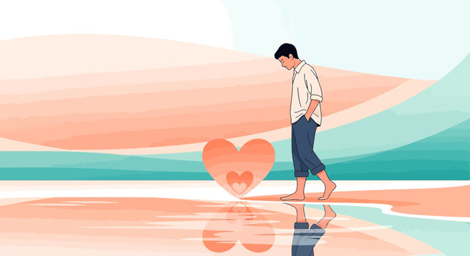 Man walking on beach with reflection of heart shapes, abstract sunset background.
