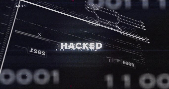 Intrusion event initiating HACKED glitching on security HUD, binary 1s 0s and wireframe flickering