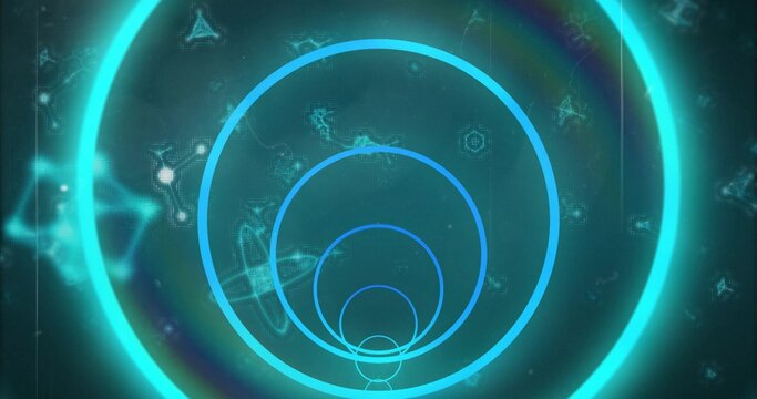 Glowing concentric cyan teal rings receding toward center in abstract HUD, showing hexagons