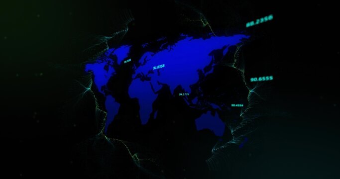 Displaying stylish deep blue world map glowing in virtual studio, with neon labels and filaments