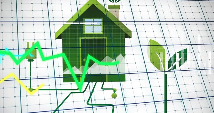 Vertical video: Graphs across grid powering house icon, linking traces to plug and plant for energy