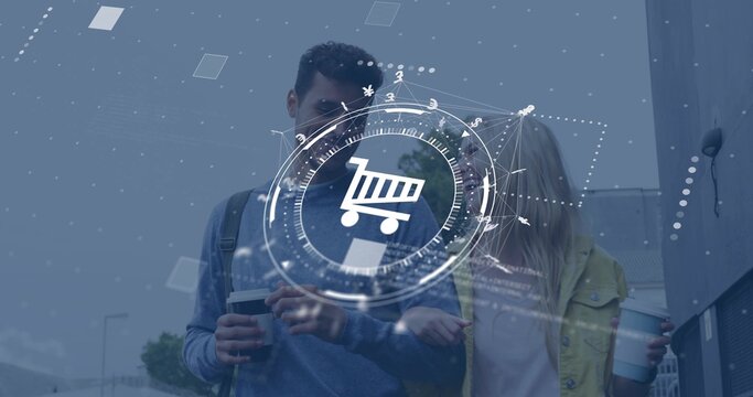 Walking backpacked couple pointing at phone, holding coffee cups on city sidewalk, cart HUD