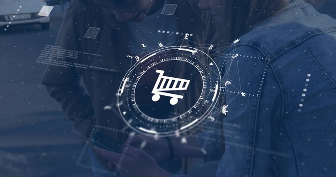 Comparing items, two teen girls holding phones near parked car, with cart HUD and denim jacket