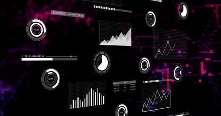 Displaying HUD centered in virtual space, showing grid panels, gauges, slider, tables, pixel noise © vectorfusionart