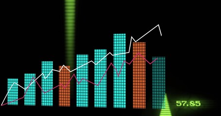Displaying neon display showing pixel bars and lines on black, cyan and orange bars, 57 © vectorfusionart