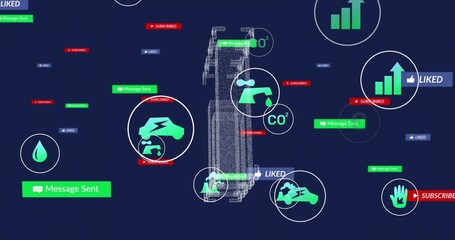 Fototapeta premium Displaying central wireframe on navy UI, visualizing metrics: car, droplet, CO2 tap, charts, badges