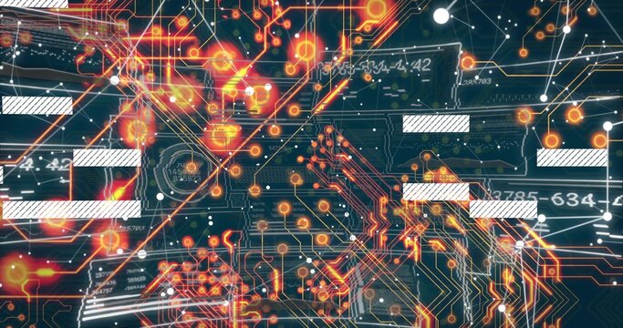 Showing PCB-style circuit plane glowing in digital HUD, with copper traces and glowing nodes