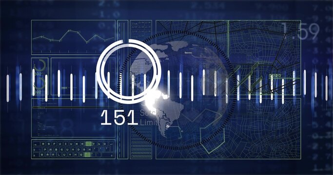 Showing central circular progress meter pulsing over dotted world map on navy HUD, displaying 151