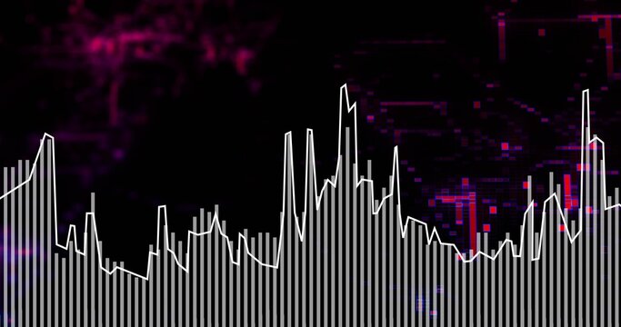 Displaying vertical bars pulsing on dark screen, tracing jagged white waveform, magenta or blue pixe