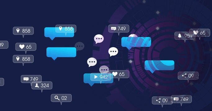 Floating cluster of blue chat bubbles showing numeric badges over navy purple dashboard, with icons