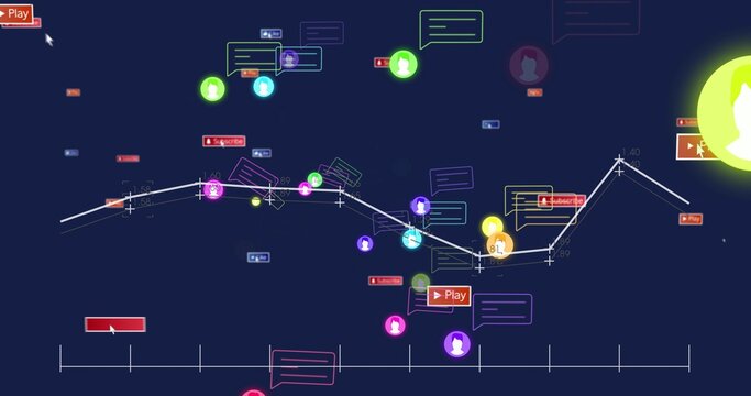 Displaying central polyline graph tracking avatars and chat tooltips on navy canvas, Play Subscribe