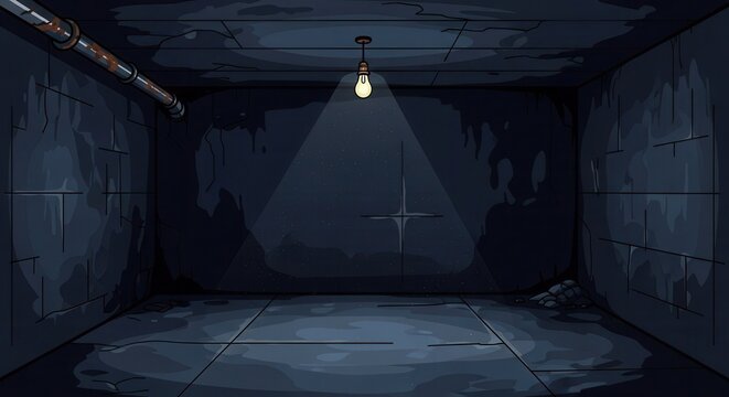 Single light bulb illuminates a dark and abandoned basement room.