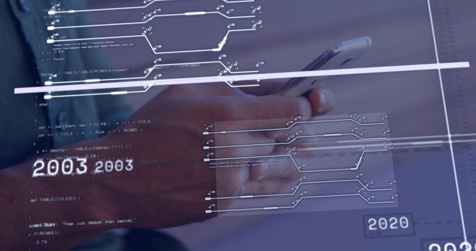 Holding smartphone, man navigating HUD timeline in office in jacket and blue cuff labels 2003 2020