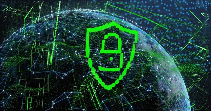 Floating neon-green shield showing numeral 9 in orbit above globe with glowing network data streams