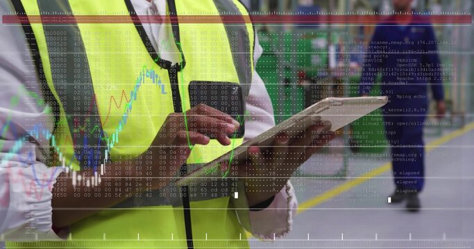 Inspecting worker wearing hi-vis vest and necktie, tapping tablet with data overlay in warehouse