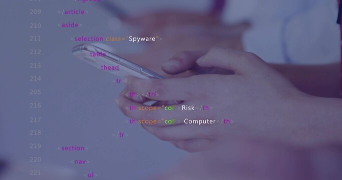 Holding pair of hands tapping smartphone at desk, with code overlay and short-sleeve shirt