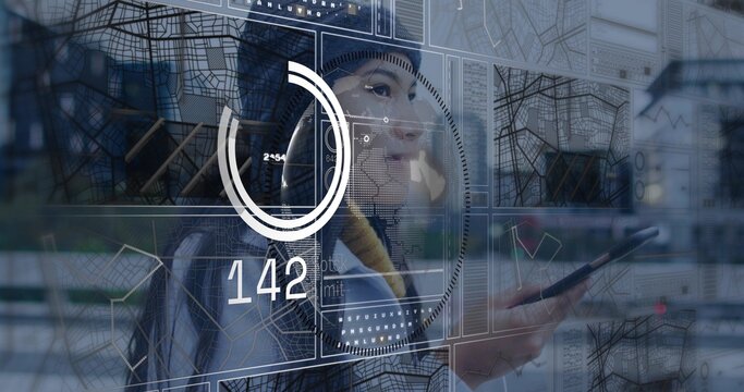 Holding phone, woman wearing headscarf, coat and backpack studying map overlays on glass, gauge 142