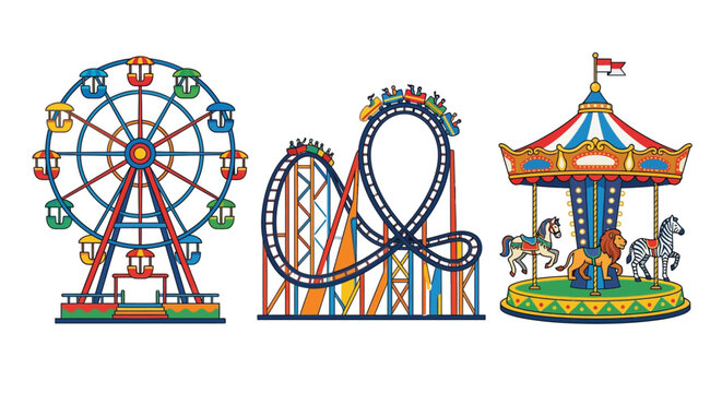 Colorful illustration featuring a ferris wheel rollercoaster and carousel