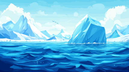 Fototapeta premium Pixelated artwork depicts an icy landscape. Mountains and icebergs are set across the water. Birds fly