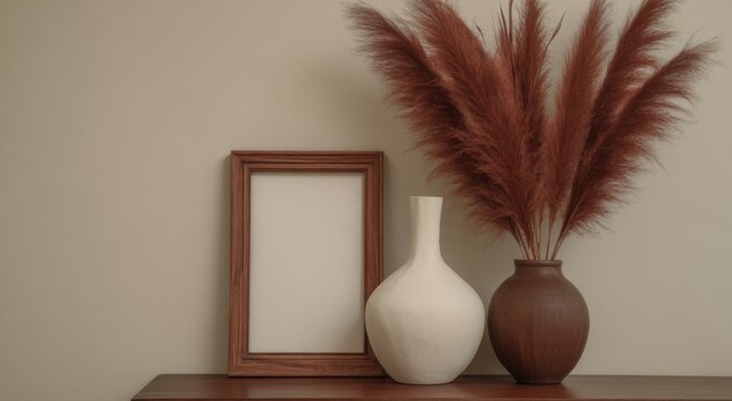 A minimalist wooden picture frame mockup sits on a white table, with pampas grass and the soft shadows of sunlight